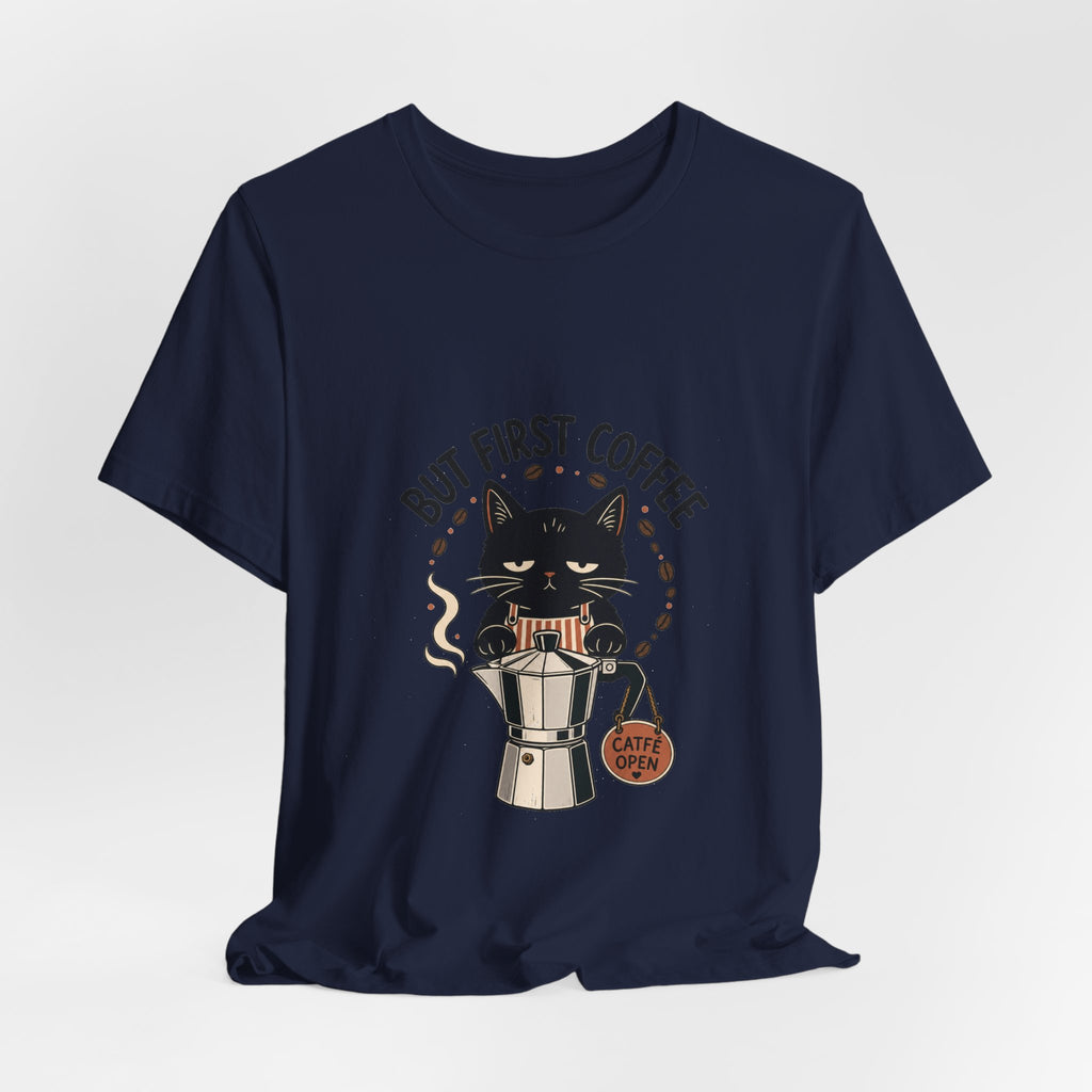 But First Coffee black cat barista shirt