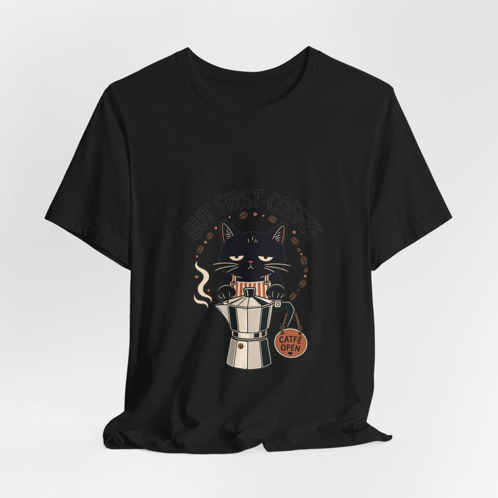 But First Coffee black cat barista shirt