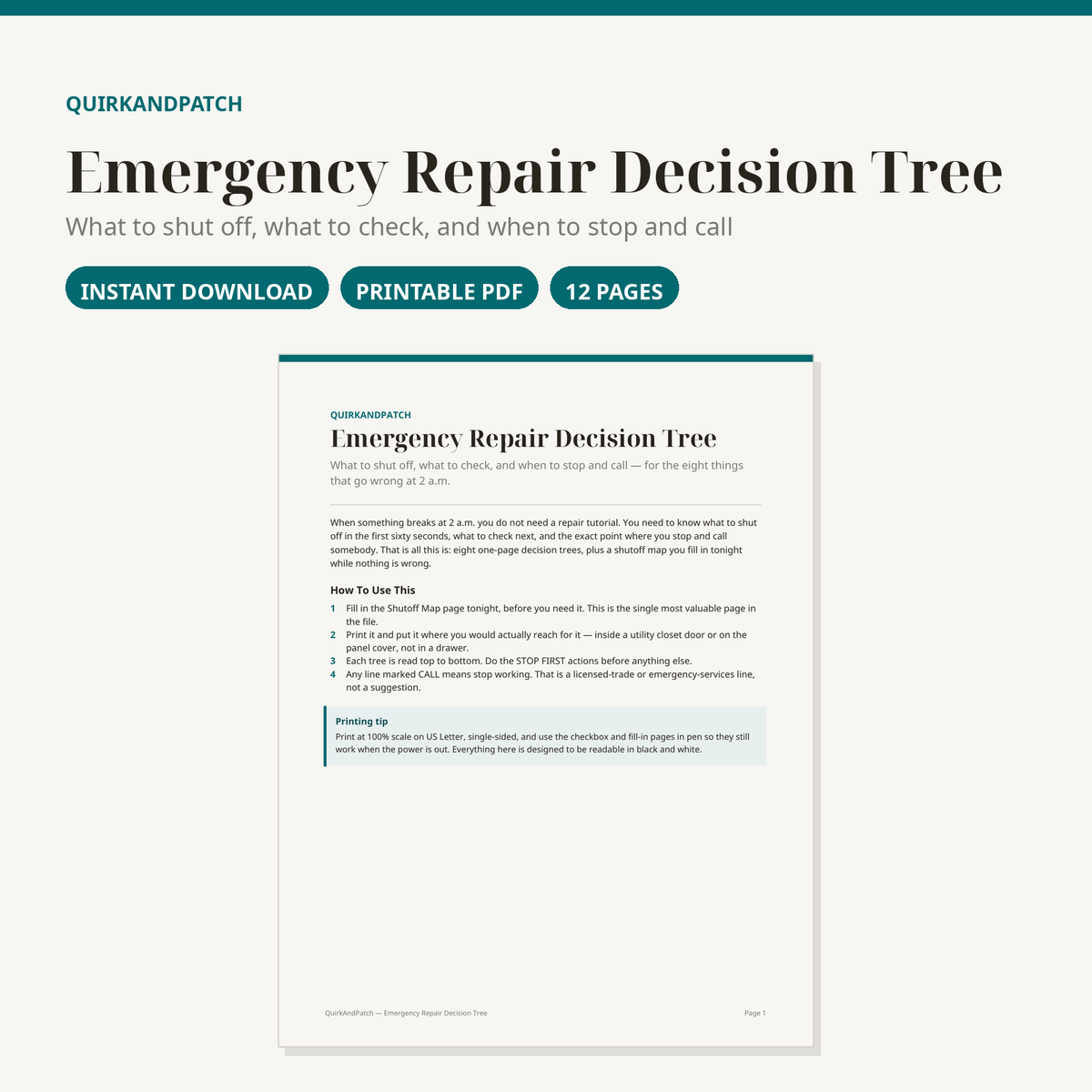 Emergency Repair Decision Tree printable PDF — cover and page preview
