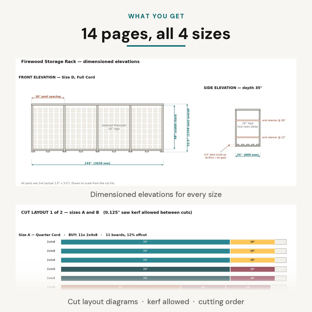 What you get: 14 pages covering all 4 sizes, dimensioned elevations and cut layout diagrams with saw kerf allowed