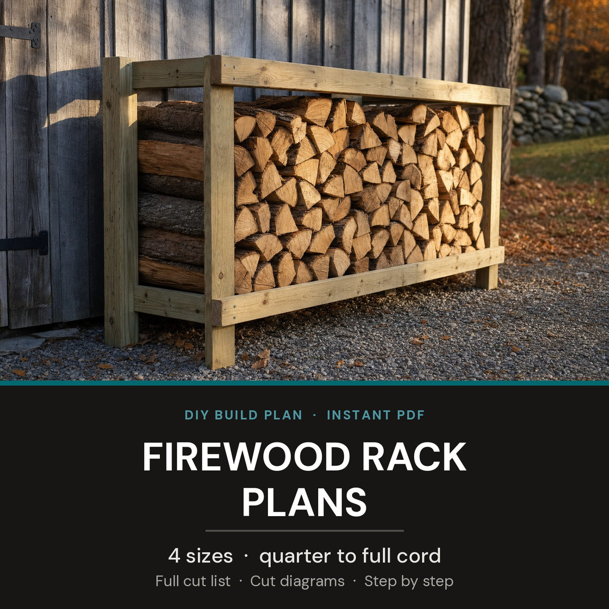 Firewood rack plans - 4 sizes from quarter cord to full cord, instant PDF digital download with full cut list