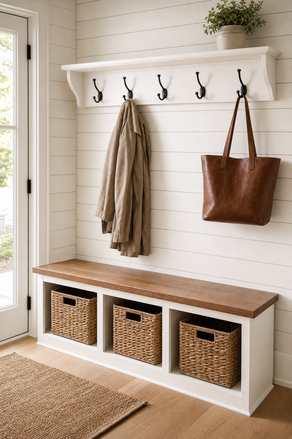 Mudroom bench with cubbies and hooks, finished piece