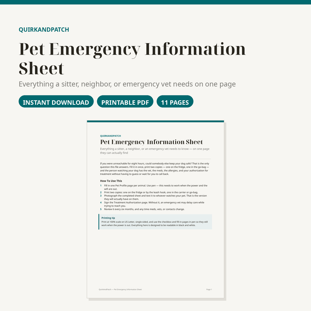 Pet Emergency Information Sheet printable PDF — cover and page preview