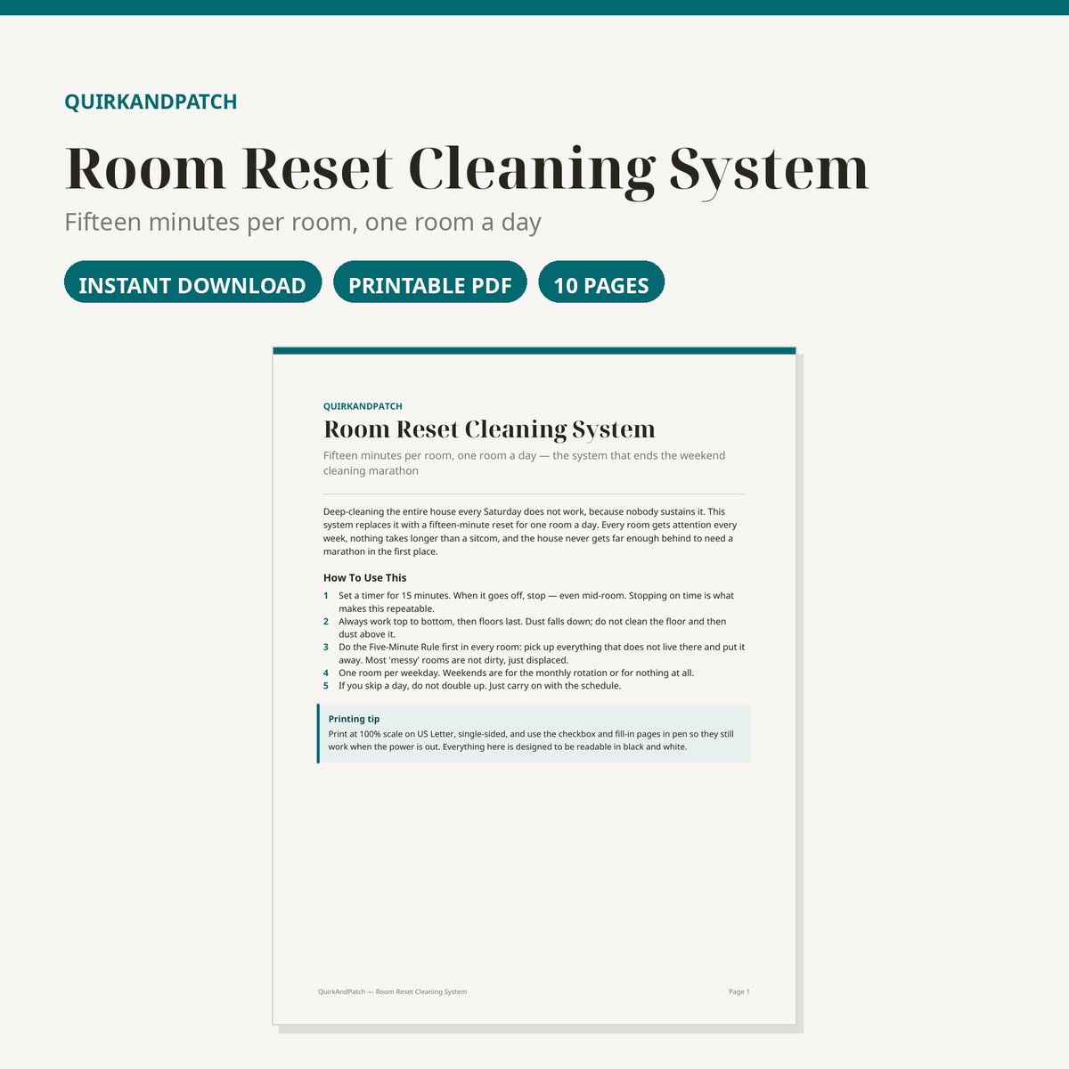 Room Reset Cleaning System printable PDF — cover and page preview